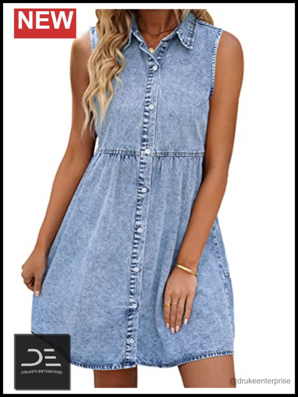 LookbookStore Denim Dress Sleeveless Babydoll Button Down Short Jean Dress